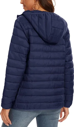 Vista 2 de MAGCOMSEN Chaqueta acolchada con capucha para mujer, ligera, acolchada, con 4 bolsillos, con cremallera, ropa cálida para invierno