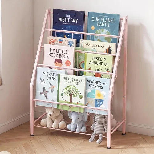 Vista 9 de JAQ Estantería infantil para niños pequeños, estante de exhibición de libros de 4 niveles orientado hacia adelante para guardería, sala