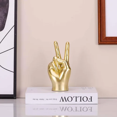 Vista 6 de LCCCK Escultura de mano dorada para decoración de signo de paz, estatua de mano de gesto genial para estantes, regalo extraño escultura funky