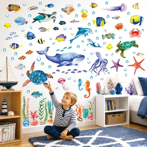Vista 2 de DECOWALL 128 calcomanías de pared bajo el mar, calcomanías de pez océano, tortuga, medusas, algas marinas, extraíbles para el dormitorio