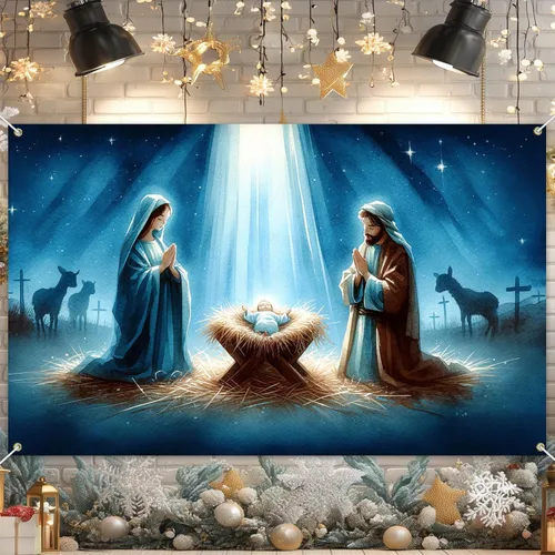 Vista 3 de BlissYard Fondo de Escena de la Natividad 71x43 Pulgadas Pancarta de la Escena del Pesebre de la Noche Santa Telón de Fondo Religioso Cristiano