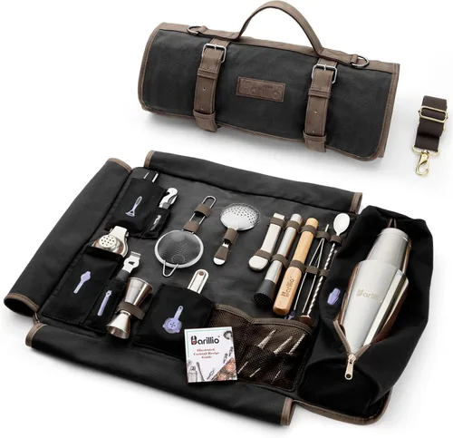 Vista 8 de Barillio Bolsa de Kit de Barman con Juego de Coctelera Negra – Lona Encerada, Bolsa de Herramientas de Bar de Viaje con Kit de Cóctel de 17 Piezas