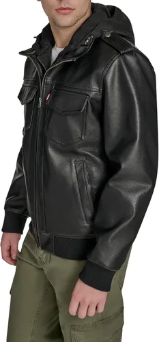 Vista 3 de Levi's Men's Faux Leather Aviator Bomber Jacket With Jersey Bib and Hood