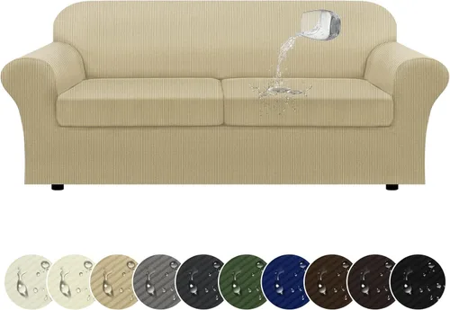 Vista 26 de Funda impermeable para silla con brazos, juego de 2 piezas, funda a rayas para 1 sofá separado con cojín en T, fundas de sillón de tela