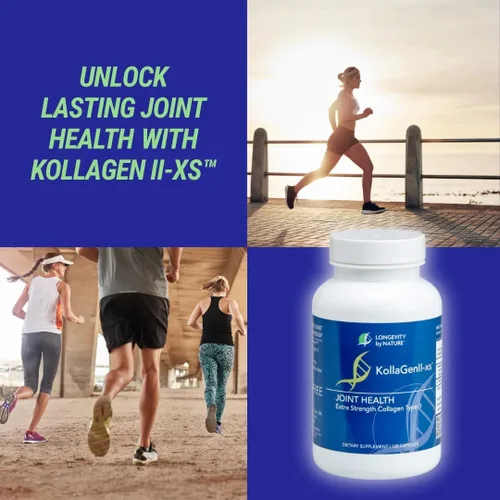 Vista 4 de Longevity by Nature Extra Strength KollaGen II-XS- Colágeno tipo II con ácido hialurónico, condroitina y glucosamina – Soporte para articulaciones