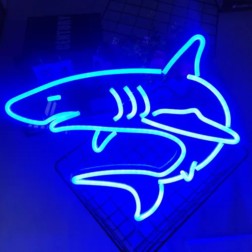 Vista 3 de Letreros de neón de tiburón regulables para decoración de pared, gran letrero de luz de neón reutilizable de tiburón para regalos de niños, sala