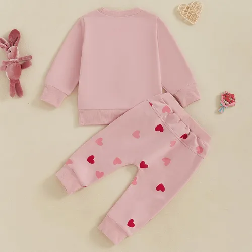 Vista 3 de Prendas de Ropa para Niña Otoño Invierno Conjunto de Dos Piezas Sudaderas de Manga Larga con Letras+Pantalón 2 Piezas Ropa para Niña Be Mine-rosa