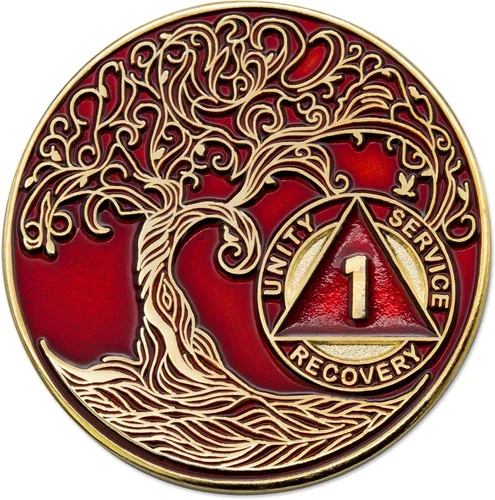 Vista 216 de 1 año Sobriety Mint Twisted Tree of Life Medallón de recuperación AA chapado en oro, chip/ficha - negro