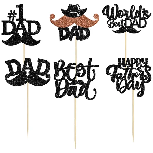 Vista 3 de Gyufise 24 piezas de decoración para cupcakes con bigote con purpurina negra del mundo para el mejor papá del mundo, decoraciones para el Día