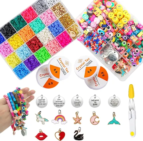 Vista 5 de Kit de Pulseras de Cuentas de Arcilla de Wakestar, Cuentas Redondas Planas de 6mm de Arcilla para Hacer Joyas con Kit de Abalorio con Colgantes
