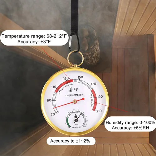 Vista 4 de Termómetro de sauna, termómetro 2 en 1 Fahrenheit e higrómetro, medidor de temperatura colgante, monitor de humedad de temperatura con cordón