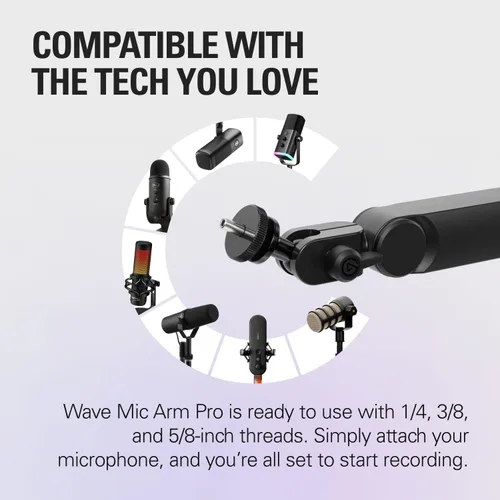 Vista 3 de Elgato Wave Mic Arm Pro - Brazo de micrófono de resorte de gas de perfil bajo giratorio 360°, funciona con micrófonos/Shure SM7B/HyperX