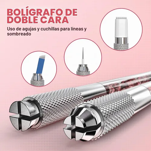 Vista 2 de Charme Princesse Kit de bolígrafo Microblading de doble cara, kit de bolígrafo manual con 20 agujas de pigmento para práctica de cejas, regla