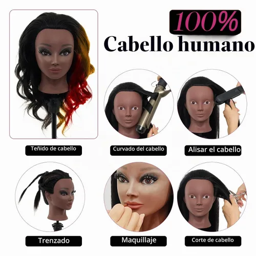 Vista 2 de Cabeza de maniquí de 18 pulgadas de cabello humano con soporte - Cabeza de maniquí 100% cabello real para práctica de maquillaje, cabeza de muñeca