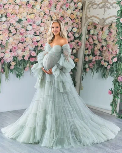 Vista 3 de Vestidos de maternidad de tul para sesión de fotos, batas de hombro descubierto, manga larga, lencería nupcial, vestido de baby shower, vestidos