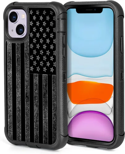 Vista 8 de Funda para iPhone 13/14, color negro, rojo y bandera estadounidense Bandera americana roja negra