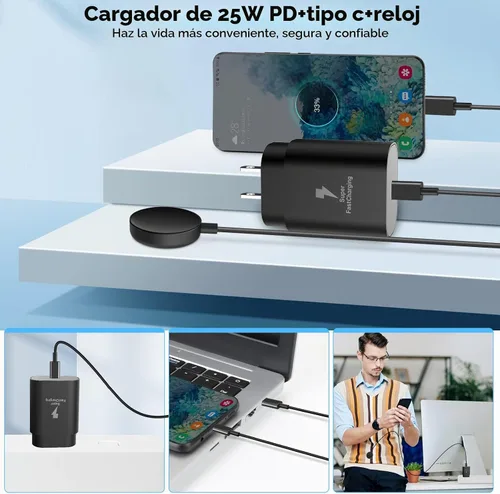 Vista 4 de Paquete de 2 cargadores de reloj Samsung, adaptador de corriente de 25 W, para Galaxy Watch 8/7/6/6 Classic/5 Pro/5/4/4 classic/3/Active2/1