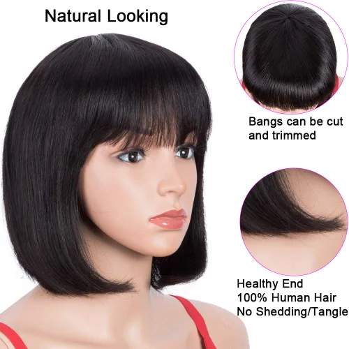 Vista 4 de Spotlight Peluca de cabello humano lacio de 8 pulgadas con flequillo, densidad del 180%, pelucas de cabello humano corto con flequillo, sin encaje