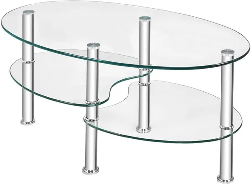 Vista 9 de Moccha - Mesa de centro de cristal, 3 niveles, moderna mesa de té ovalada de vidrio liso con amplio escritorio de vidrio y patas cromadas