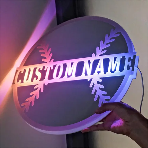 Vista 6 de Espejo de béisbol personalizado para pared, espejo personalizado con nombre de jugador de béisbol con luz LED, letrero de neón acrílico de béisbol