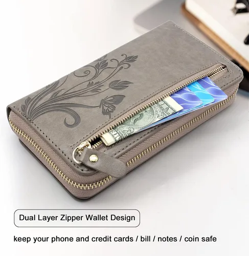 Vista 4 de Funda compatible con iPhone 15 Plus/iPhone 14 Plus, Crossbody con doble cremallera desmontable de cuero tipo cartera funda para teléfono