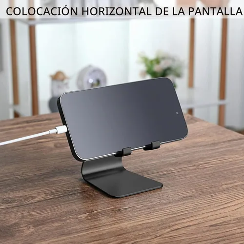 Vista 5 de Soporte plegable negro para teléfono celular de aleación de aluminio, soporte de teléfono de metal de mesa con ángulo ajustable por eje giratorio