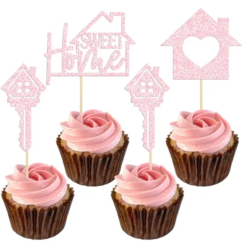 Vista 10 de Gyufise Paquete de 24 adornos para cupcakes Sweet Home con purpurina para inauguración de la casa, para bienvenida, nuevo hogar, fiesta temática
