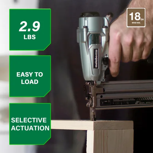 Vista 2 de Metabo HPT Clavadora Pro Brad, clavadora neumática de acabado profesional preferida por profesionales para trabajos de molduras, construcción