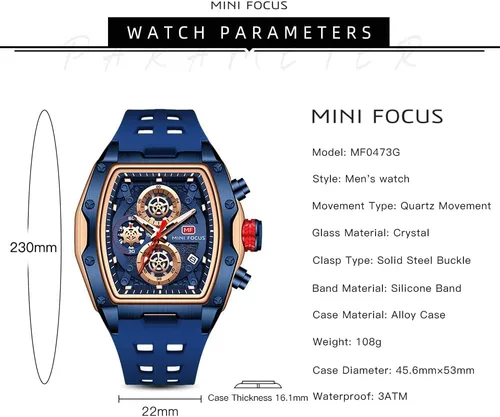 Vista 6 de MF MINI FOCUS Reloj de pulsera Tonneau de moda para hombre (cronógrafoimpermeableluminosocalendario) reloj de cuarzo con correa de silicona