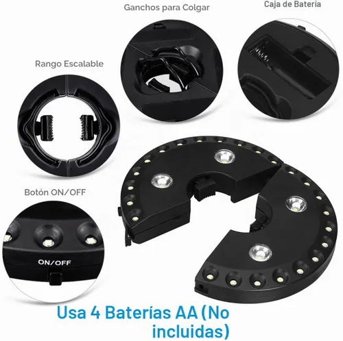 Vista 6 de OYOCO Luz para sombrilla de patio, 3 modos de brillo, inalámbrica, 28 luces LED a 200 lúmenes, 4 pilas AA, luz de poste para sombrilla de patio