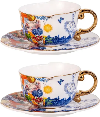 Vista 28 de KAMMAK Juego de 2 tazas de té y platillos, tazas de café de porcelana fina, tazas de café expreso apilables, demitasse de cerámica para café