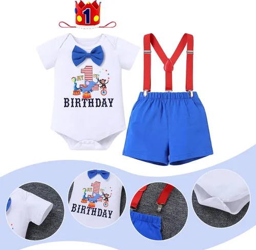 Vista 6 de IBTOM CASTLE Disfraz de carnaval de circo para el primer cumpleaños con temática de carnaval para bebé niño con tirantes y pajarita, sombrero