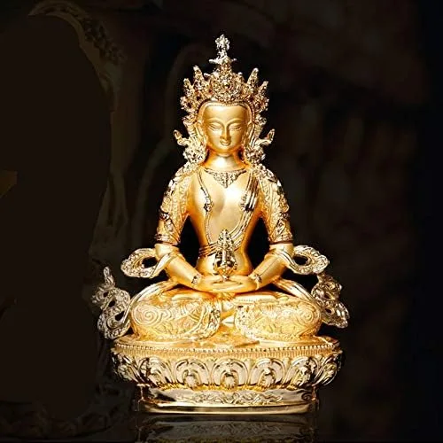 Vista 2 de Longevity/Amitayus 5 pulgadas Eficaz Tranic Oro Buda Aleación Metal Budista Proveedores Hogar Oficina Decorar Estatua Artesanía Regalo Novedad