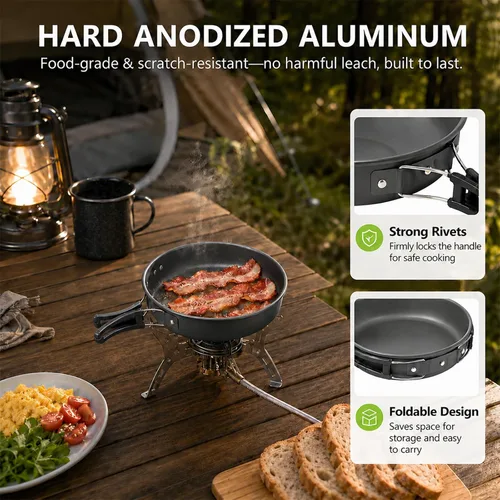 Vista 3 de aiGear Camping Cookware with Pot Pan Kettle Cutlery Tableware (1-2 People) Lightweight aluminum alloy, folding handles, nesting design, portable