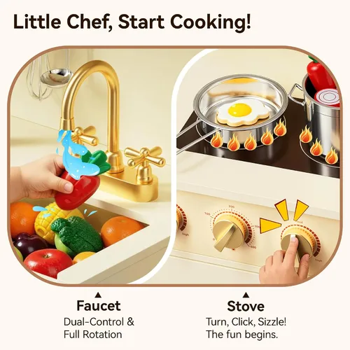Vista 3 de Juego de cocina para niños con diseño giratorio, juego de cocina de madera para niños con máquina de hielo, juego de cocina de juguete para niños