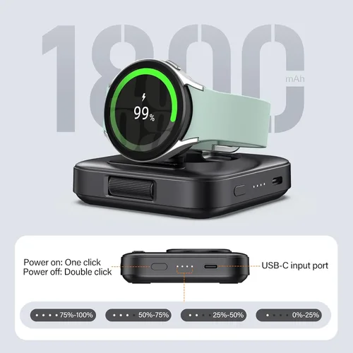 Vista 5 de Cargador portátil para cargar Samsung Watch, SwanScout 303S, cargador inalámbrico de 1800 mAh para Galaxy Watch 8 Classic/8/7/Ultra/6/6 Classic/5/5