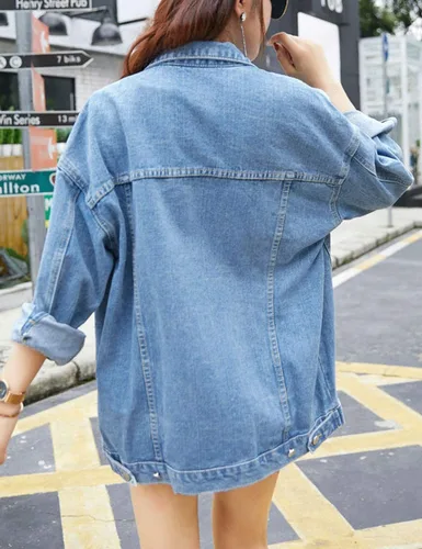 Vista 7 de Gozoloma Chaqueta vaquera de gran tamaño para mujer, casual, holgada, de manga larga, con botones