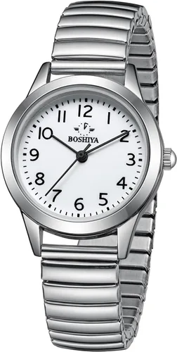 Vista 9 de BOSHIYA Relojes para mujer Easy Reader de 1.181 in de acero inoxidable con banda de expansión plateada dorada para mujer, reloj de pulsera pequeño