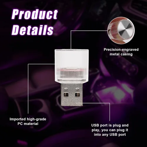 Vista 3 de 4 luces LED USB para el interior del automóvil, con interfaz automotriz USB enchufable, lámparas nocturnas de carga, mini luz LED