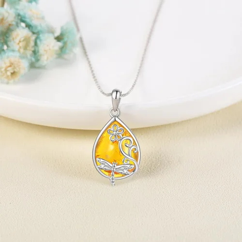 Vista 4 de ONEFINITY Collares de ámbar de plata de ley 925 con colgante de ámbar, regalo de joyería de ámbar para mujer