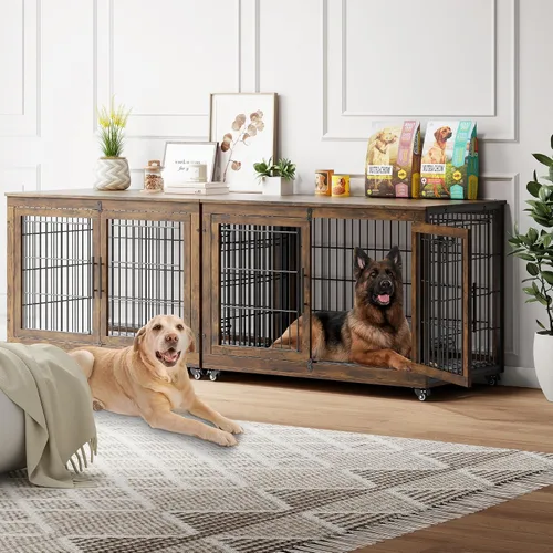 Vista 23 de YaFiti Mueble de jaula para perros con cojín, perrera de madera para interiores con puertas dobles, jaula para perros con ruedas, mesa auxiliar