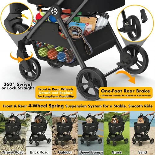 Vista 8 de PAWZIDEA Carriola de mascotas 4 en 1, Carriola de gatos con portaequipaje desmontable y dosel sin cremallera, jaula portátil para perros