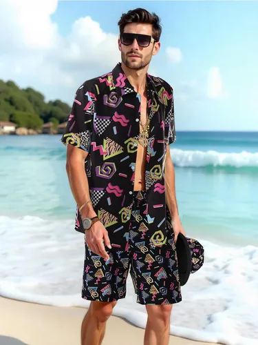 Vista 2 de WILDPARTY Traje de los años 80 y 90 para hombre, disfraz de hip hop, blusa con botones, blusa de discoteca retro, traje de fiesta temática hawaiana
