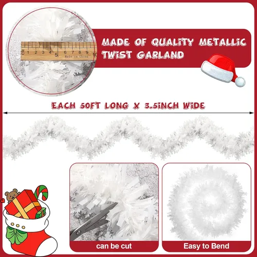 Vista 6 de Dingion Guirnalda de oropel blanca de 50 pies, guirnalda blanca para árbol de Navidad, adornos de torsión esponjosa para vacaciones de invierno