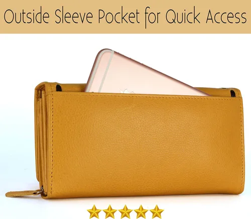 Vista 31 de Mou Meraki - Billetera o bolsa de mano de cuero genuino, con bloqueo de seguridad RFID, con escudo contra el robo de identidad, para mujeres