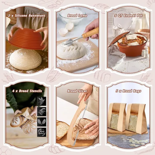 Vista 7 de Kit de inicio de masa madre EWFEN con olla de hierro fundido esmaltada, suministros completos para hornear pan de masa madre, cestas de prueba