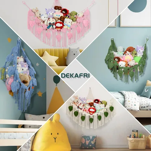 Vista 6 de Hamaca de animales de peluche, red de peluche en la esquina para almacenamiento de animales de peluche, red montada en la pared, organizador de Azul