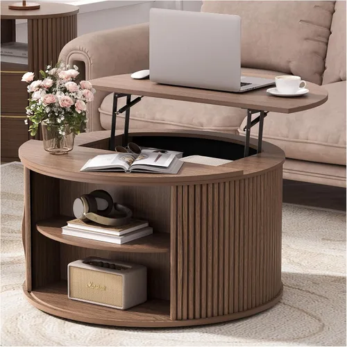 Vista 14 de JOINICE Mesa auxiliar ovalada de 42.5 pulgadas con almacenamiento, moderna mesa central negra con diseño estriado, patas de madera maciza