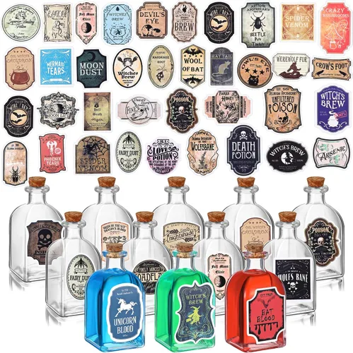 Vista 11 de Baderke 24 botellas de poción de vidrio de Halloween con calcomanías