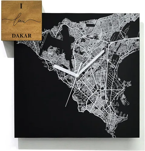 Vista 42 de Modern Wall Clock - Black Aluminum with Silver Fiber Laser Engraving - Square - Contemporary Design - Personalized City Map - Home Town - Location